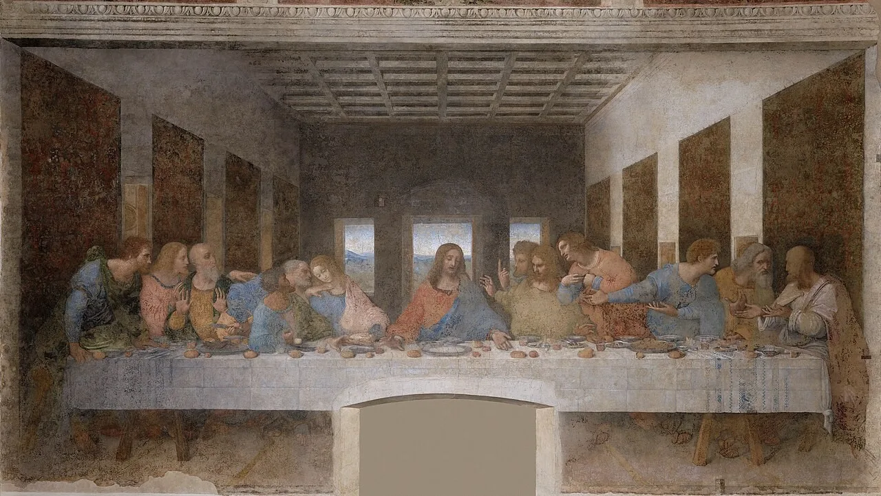 Het Laatste Avondmaal, fresco van Leonardo da Vinci in Santa Maria delle Grazie, Milaan (publiek domein).